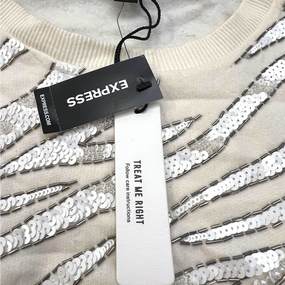 NEW Express Off White Tiger Stripe Embellished Glam Sweatshirt Sweater Top XL - Picture 8 of 16